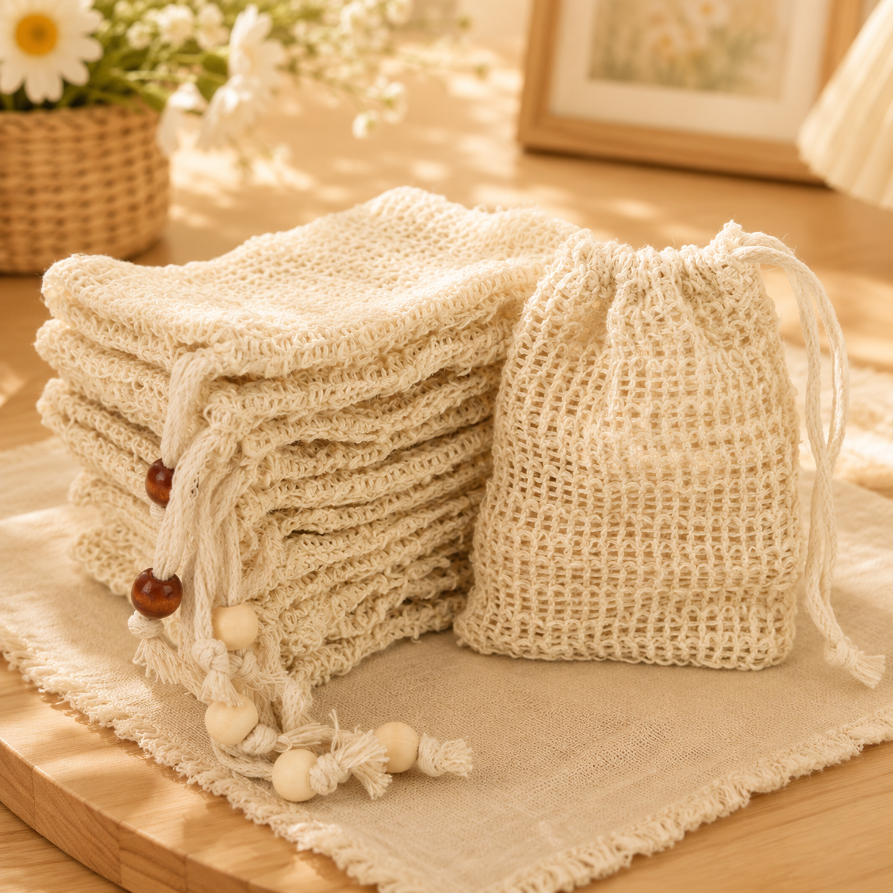 Natural Sisal Soap Saver Bag – Reusable Exfoliating Soap Pouch with Drawstring – Eco-Friendly Soap Holder & Foaming Bath Bag